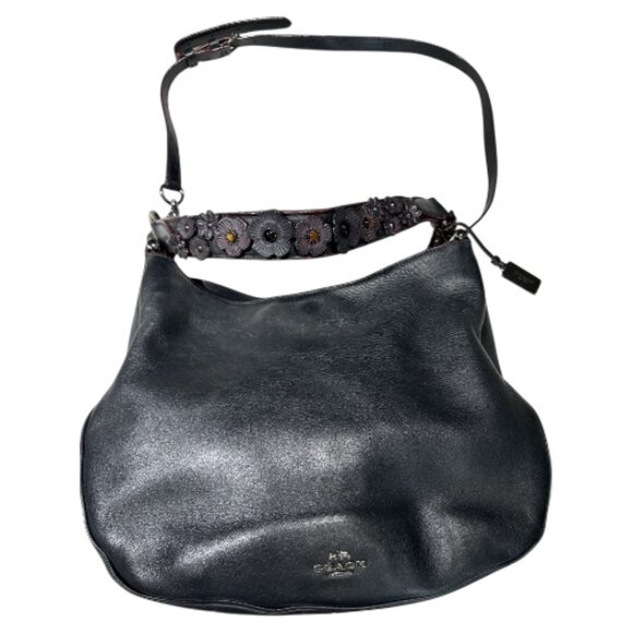 Coach Nomad Hobo Black Leather Tea Rose Willow Crossbody Shoulder Bag #55543 - Picture 1 of 16